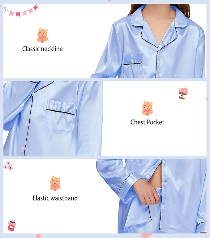 EPLAZA Kids Satin Pajamas Sets Girls Boys Button-Down Silky Pajamas Sleepwear with Hairband Eye Mask Hair Tie