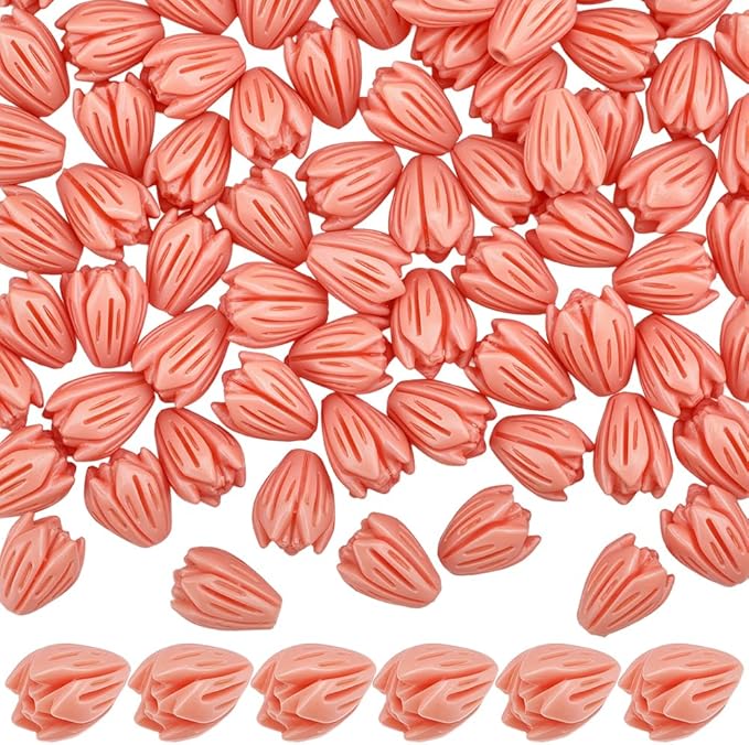 100Pcs 7x9mm Hawaii Flower Beads Carved Coral Beads Summer Pink Jasmine Artificial Floral Synthetic Coral Small Smooth Loose Spacers Findings for Jewelry Making Bracelets Necklaces DIY Crafts