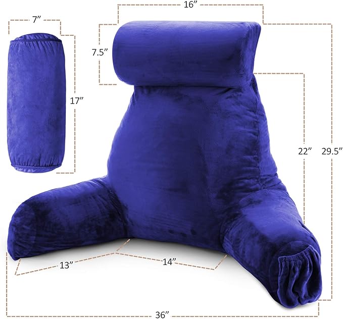Clara Clark Reading Pillow with Shredded Memory Foam Includes 2 Neck and Lumber Support Pillows, Designed for Sitting Up in Bed and Couch Back and Arms Adjustable Support for Adults & Teens Royal Blue