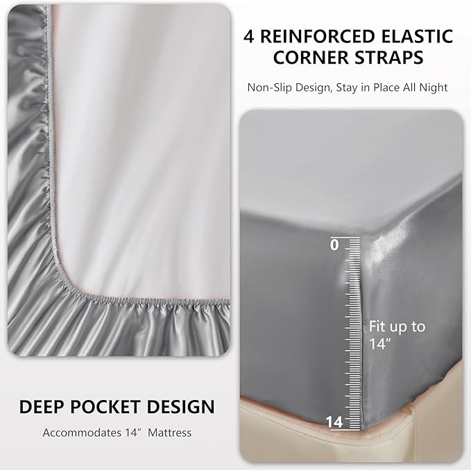 CozyLux Satin Sheets Full Size Sheets - 6 Piece Silky Full Size Bed Sheets, Luxury Light Grey Full Bed Set with Smooth and Soft Microfiber, Includes 1 Fitted Sheet, 1 Flat Sheet and 4 Pillowcases