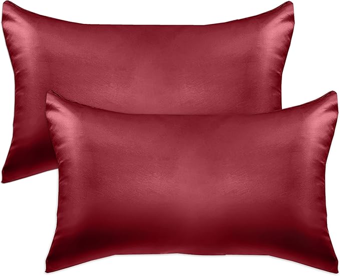 Elegant Comfort 2-Pack Cooling Viscose Satin Pillowcase Set with Hidden Zipper Closure, Silky Smooth for Best Hair and Skin Care-Beautiful Gift Box-2-Piece Satin Pillowcase Set, King, Burgundy