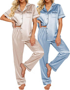 Ekouaer Satin Pajamas Set Women Short Sleeve Sleepwear Soft Button Down Loungewear Pjs Set