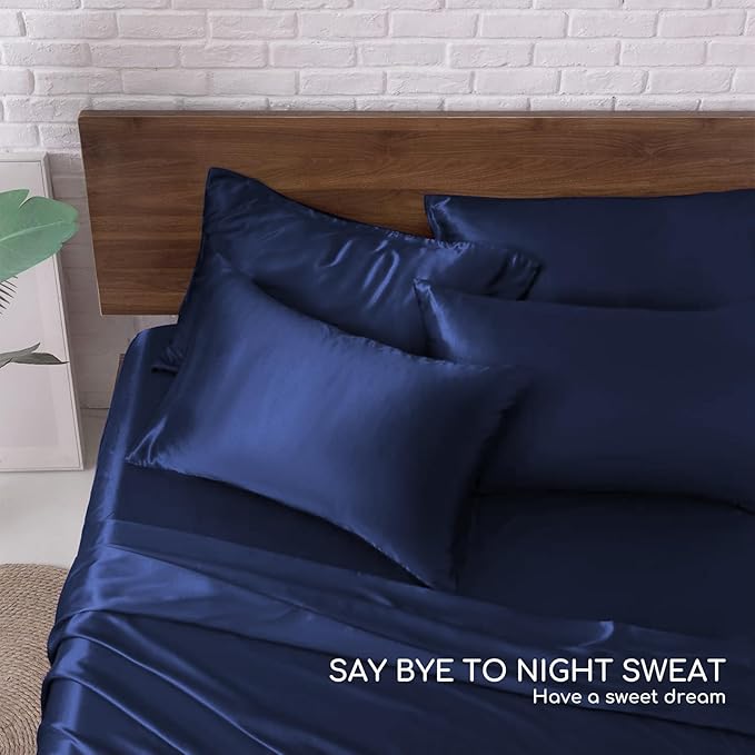 MR&HM Satin Bed Sheets, Queen Size Sheets Set, 6 Pcs Silky Bedding Set with 15 Inches Deep Pocket for Mattress (Queen, Navy Blue)