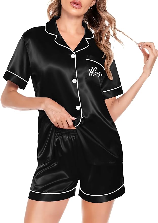 SWOMOG Satin Matching Pajamas Sets Couple Silk Button Down Nightwear Women & Men Short Sleeve Sleepwear 2 Pieces Loungewear