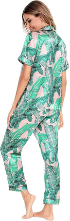 SWOMOG Women Satin Pajamas Set Short Sleeve Top & Pants Sleepwear Silky Button Down Nightwear 2pcs Loungewear Pjs Set