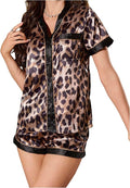 WDIRARA Women's Sleepwear Leopard Print Satin Shirt and Shorts Pajama Set