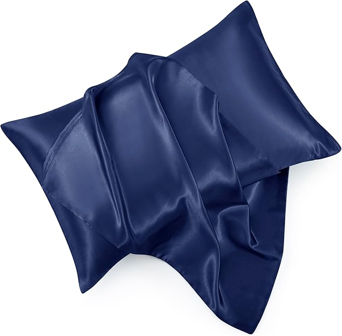 Navy Blue Satin Pillowcase Queen Size Set of 2 for Hair and Skin, Navy Blue Silk Pillowcase Breathable Pillowcase with Envelope Closure