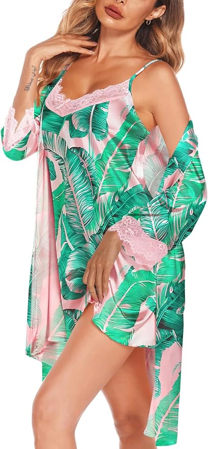 SWOMOG Women's Satin Robe Set 2 Piece Sexy Pajamas Sets Lace Cami Nightgown and Silk Robes Nightwear