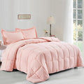 HIG 3pc Prewashed All Season Down Alternative Comforter Duvet Insert -Quilted Comforter with Corner Tabs -Box Stitched -250GSM Fiberfill Chic Farmhouse Style Bedding(Twin,Peach Pink)