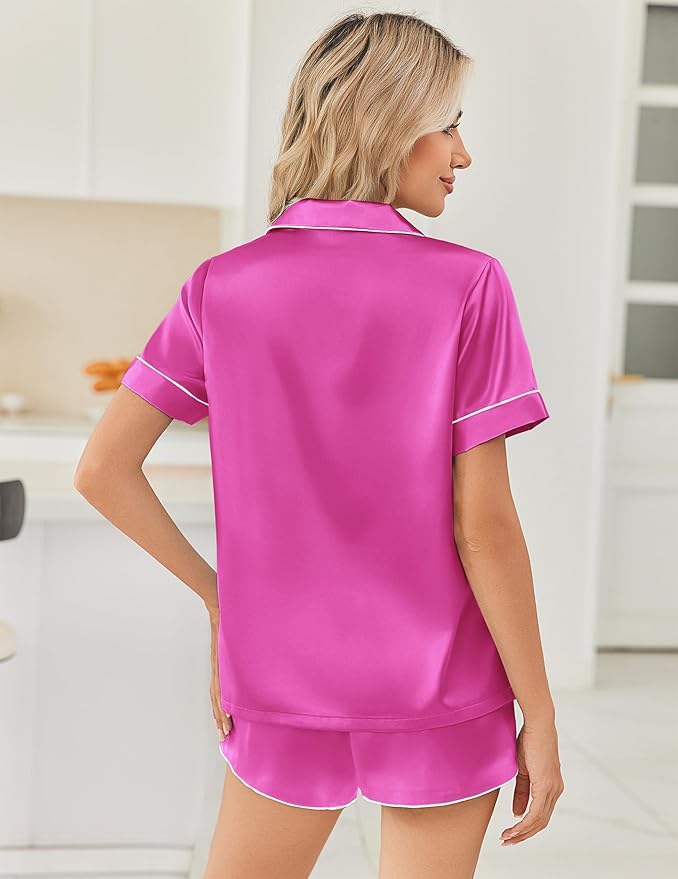 Ekouaer Womens Silk Satin Pajama Sets 2 Piece Button Down Silk Pjs Shorts Sets Cute Print Short Sleeve Sleepwear S-4XL