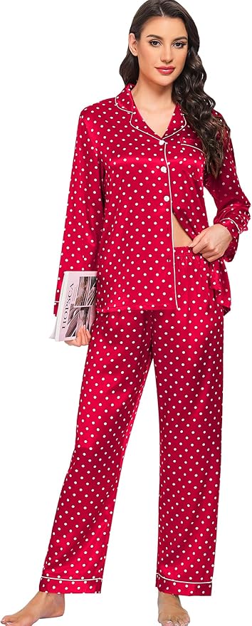 SWOMOG Womens Silk Satin Pajamas Set Long Sleeve Button Down Sleepwear 2 Piece Lounge Set Pj Set XS-3XL