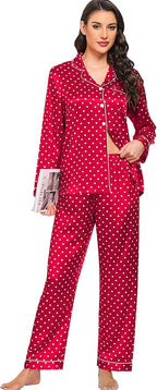 SWOMOG Womens Silk Satin Pajamas Set Long Sleeve Button Down Sleepwear 2 Piece Lounge Set Pj Set XS-3XL