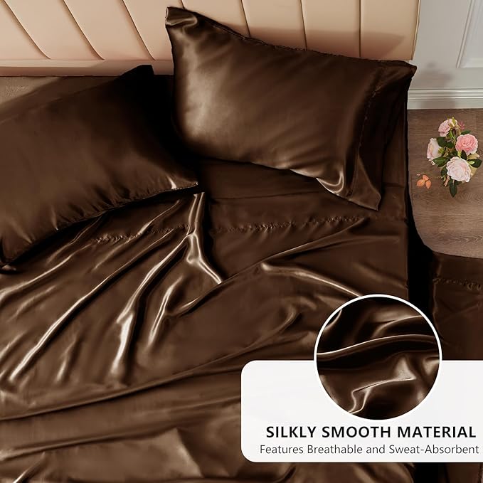 CozyLux Satin Sheets King Size Sheet Set - 6 Piece Silky King Sheets, Luxury Brown King Bed Set with Smooth and Soft Microfiber, Includes 1 Fitted Sheet, 1 Flat Sheet and 4 Pillowcases