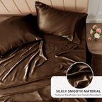 CozyLux Satin Sheets King Size Sheet Set - 4 Piece Silky King Sheets, Luxury Brown King Bed Set with Smooth and Soft Microfiber, Includes 1 Fitted Sheet, 1 Flat Sheet and 2 Pillowcases
