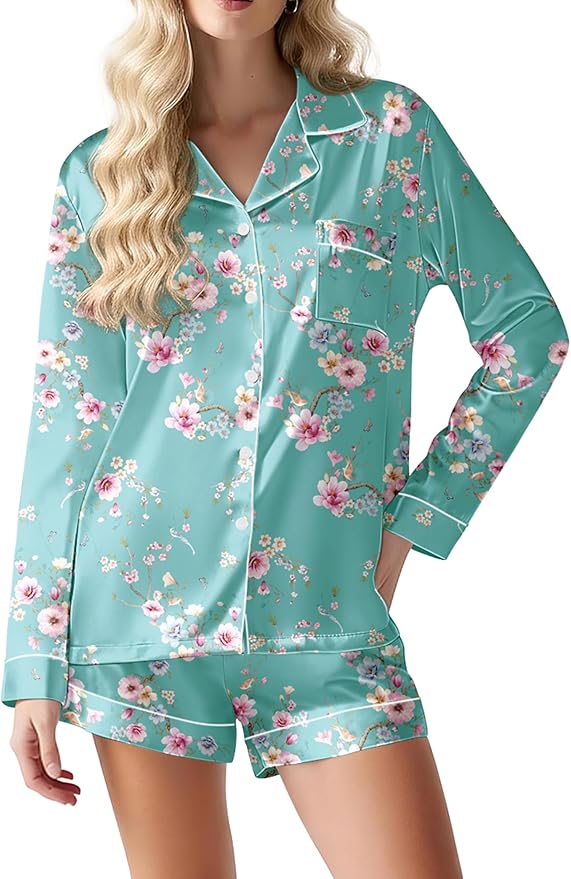 Ekouaer Satin Pajama Set for Women Button Down Pj Set Long Sleeve Top and Shorts 2 Piece Loungewear Summer Soft Sleepwear
