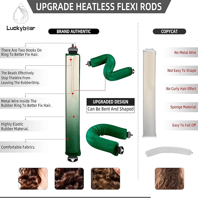 Overnight Heatless Hair Curler Jumbo Set, Overnight Rods for No Heat Curls - Velvet Satin Flexi Rods Sleep in Curlers Blowout, Hair Styling Accessories with Silk Scarf 4pcs Green