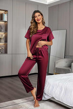 Ekouaer Womens Satin Silky Pajama Set Short Sleeve Shirt with Long Pajama Pant Set Soft PJ Loungewear