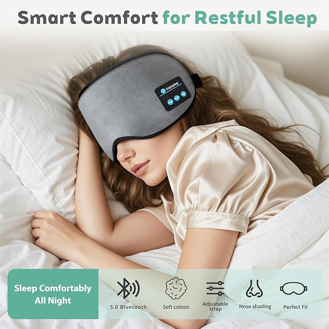 Sleep Mask Bluetooth Wireless Headphones, Sleep Earphones Music Eyemask, 2 in 1 Ear Mask and Eye Mask for Side Sleepers, Warm Earbuds Built-in HD Speakers Blindfold for Men Women (Grey)