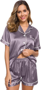 SWOMOG Womens Silk Satin Pajamas Set Short Sleeve Sleepwear Button Down Top and Shorts Loungewear 2 Piece Pjs Set XS-3XL