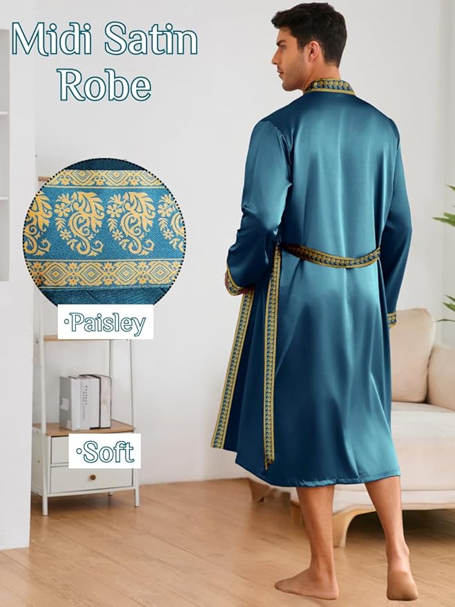 ChiaoLezhee Mens Satin Bath Robe with Shorts Set, Silk Paisley Kimono Lightweight, Soft Long Sleeve Sleepwear