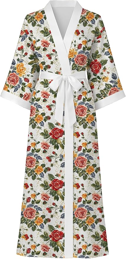 Hellomamma Womens Satin Silk Robe: Lightweight 3/4 Sleeve Comfy Floral Print Kimono Sleepwear for Bride Wedding Party Gift