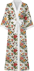 Hellomamma Womens Satin Silk Robe: Lightweight 3/4 Sleeve Comfy Floral Print Kimono Sleepwear for Bride Wedding Party Gift