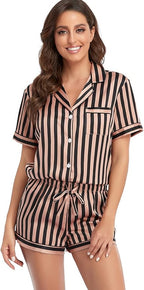 Serenedelicacy Women's Satin Pajama Set 2-Piece Sleepwear Loungewear Button Down Short Sleeve Silky PJ Set