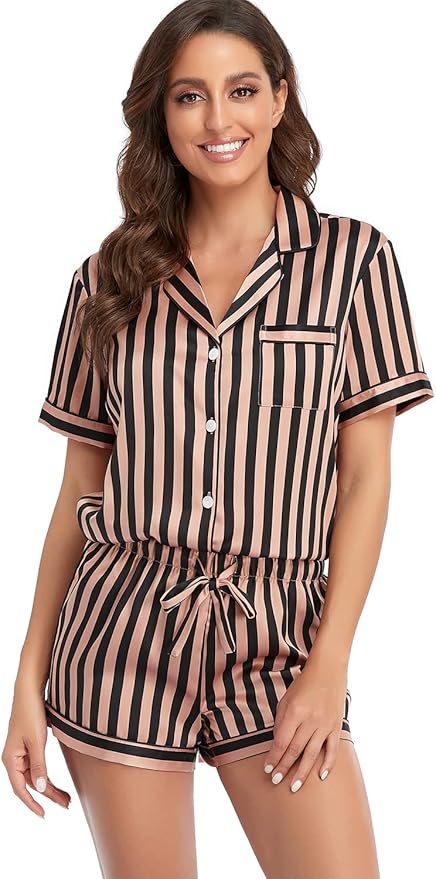 Serenedelicacy Women's Satin Pajama Set 2-Piece Sleepwear Loungewear Button Down Short Sleeve Silky PJ Set
