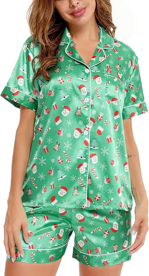 LecGee Womens Silk Satin Pajamas Short Sleeve Loungewear Two-Piece Sleepwear Button-Down Pj Set