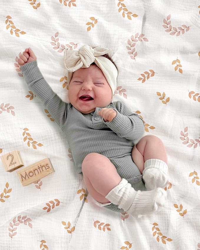 meowcards Muslin Swaddle Blankets for Baby, Unisex Baby Boys Girls Essentials, Large 47 x 47 inches, Boho Receiving Blankets Newborn Registry Must Haves (Brick Leaf, Printed)