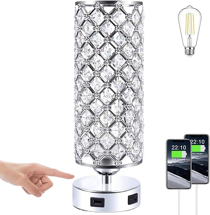 Crystal Table Lamps, Touch Silver Lamp Bedside Bedroom Desk Lamp with 2 USB Charging Port Nightstand Night Light Room Decor for Kids Room, Home Office, Living Room,Bar, Restaurant