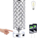 Crystal Table Lamps, Touch Silver Lamp Bedside Bedroom Desk Lamp with 2 USB Charging Port Nightstand Night Light Room Decor for Kids Room, Home Office, Living Room,Bar, Restaurant