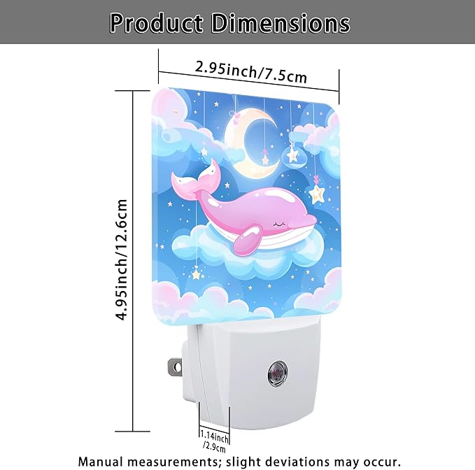 Whale Night Lights Plug Into Wall, Cute Playful Moon Stars Summer Peach Energy Saving Automatic Led Night Lights for Bedroom Bathroom Hallway Kitchen Decor 1pcs