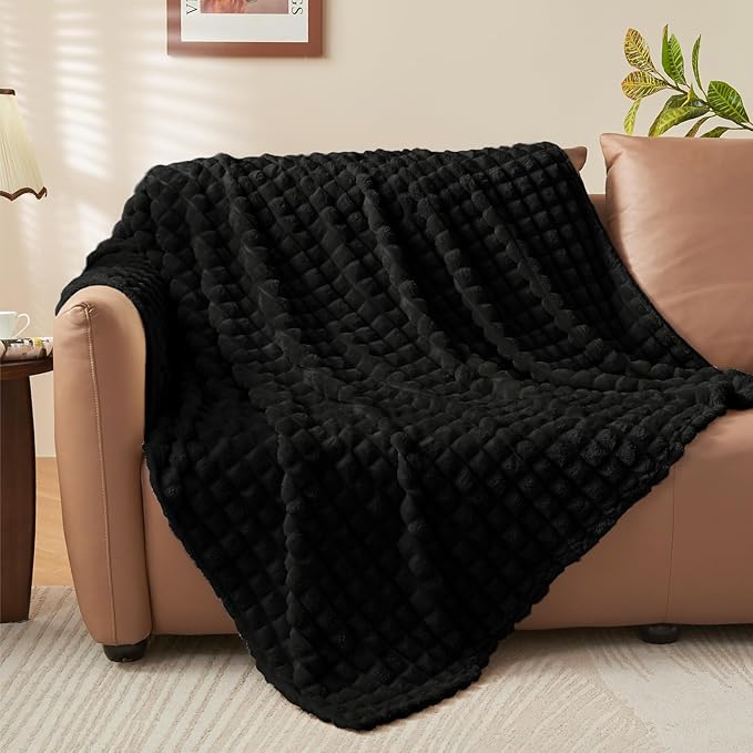 BEDELITE Black Throw Blanket Twin Size for Bed- Super Soft and Warm 3D Checkered Fluffy Fuzzy Fleece Blanket, Luxurious Plush Cozy Blanket for Room Decor Fall and Winter, 60x80 inches
