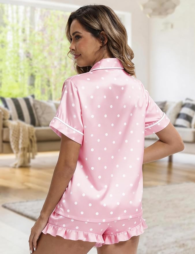 Silk Satin Pajama Set for Women 3-piece Short Sleeve Pajama with Pants Ruffle Shorts Cute Pj Set Button Down Sleepwear