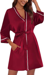 Ekouaer Women's Satin Robe Short Bridesmaid Bride Feather Bridal Robe Kimono Silky Long Sleeve Bathrobe S-XXL