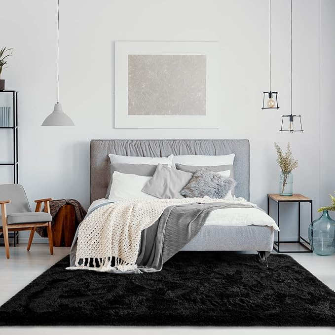 Jelymark Super Soft Shaggy Rug for Bedroom, 4x5.9 Feet Fluffy Carpet for Living Room, Fuzzy Indoor Plush Area Rug for Home Decor, Furry Floor Rugs for Dorm, Kids Nursery Rug for Girls, Black