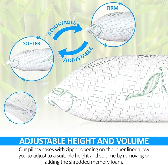 King Size Rayon Derived from Bamboo Pillow, Cooling Shredded Memory Foam Bed Pillows Sets for Back, Stomach, Side Sleepers, Adjustable Soft Firm, Washable Cover, King (Pack of 1)