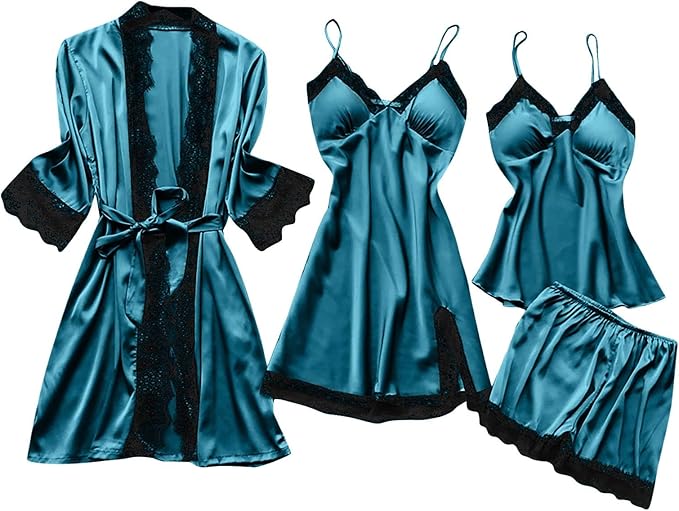 Women's 4pcs Silk Satin Pajamas Set Floral Lace Trim Dress with Robe Lounge Sleepwear Nightdress Novelty Loungewear