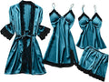Women's 4pcs Silk Satin Pajamas Set Floral Lace Trim Dress with Robe Lounge Sleepwear Nightdress Novelty Loungewear