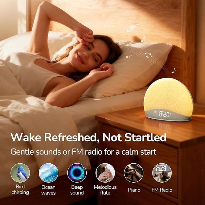 HOUSBAY Sunrise Alarm Clock Radio for Bedroom – Wake Up Naturally with Gentle Light & Nature Sounds, Relax with Bluetooth Speaker & Night Light