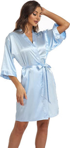 Women's Pure Short Kimono Robes Bride Bridesmaids Silky Bathrobe Lightweight Satin Sleepwear