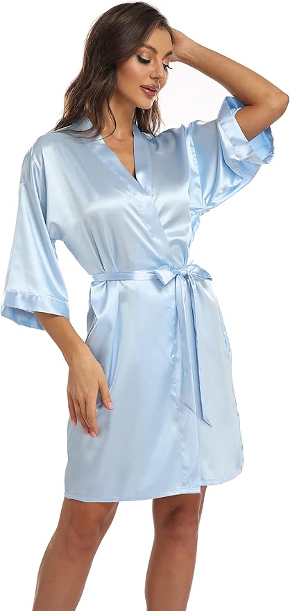 Women's Pure Short Kimono Robes Bride Bridesmaids Silky Bathrobe Lightweight Satin Sleepwear