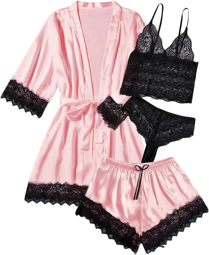 WDIRARA Women' Silk Satin Pajamas Set 4pcs Lingerie Floral Lace Cami Sleepwear with Robe