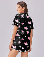 Ekouaer Womens Silk Satin Pajama Set Print Short Sleeve Sleepwear Button Down Pjs Shorts Set Loungewear