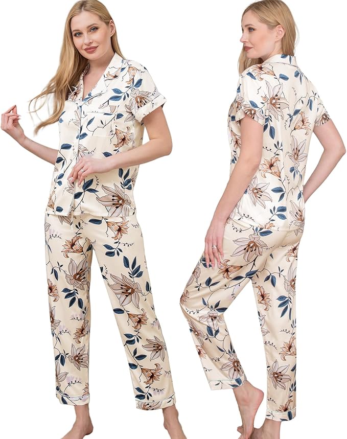 WJing Yi Jia Womens Pajamas Set XS-4XL Floral Silk Satin Pajama Sets Silky Pj Sets 2Pcs Loungewear Sleepwear Button Down Pjs