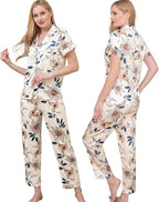 WJing Yi Jia Womens Pajamas Set XS-4XL Floral Silk Satin Pajama Sets Silky Pj Sets 2Pcs Loungewear Sleepwear Button Down Pjs