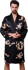 Haseil Men's Satin Robe Dragon Luxurious Silk Spa Long Sleeve House Kimono Bathrobe