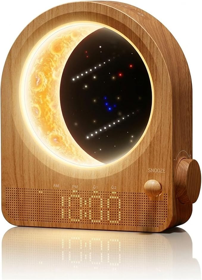 blonbar Sunrise Alarm Clocks with Dimmable Moon Lamp, 2 Alarm Clocks with 12Levels Volume for Heavy Sleepers, 10 Natural Sounds with 30/60/90mins Timer for Bedrooms, Gifts for Women (brown woodgrain).