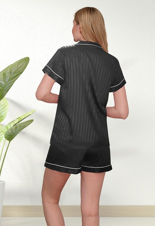 WJing Yi Jia Womens Silk Satin Pajamas Loungewear Two-Piece Sleepwear Button-Down Floral Pj Set XS-4XL